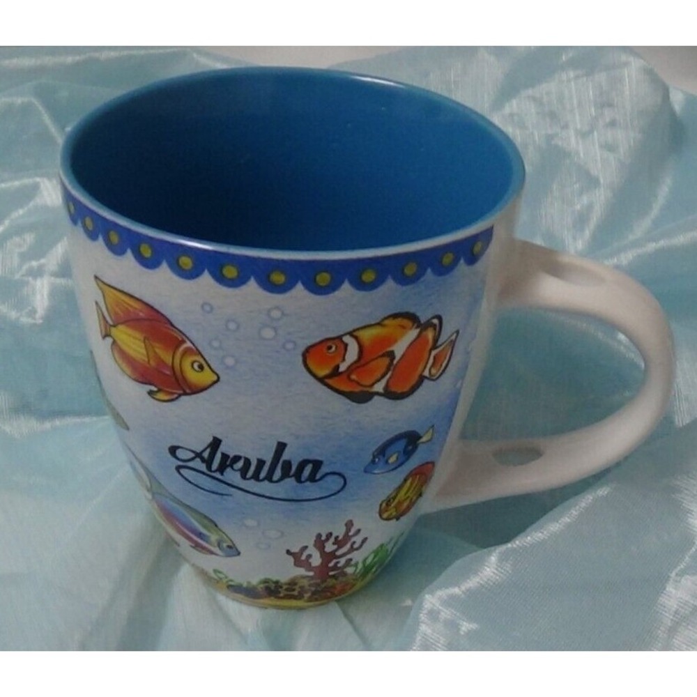 Cup Coffee Mug Teacup Caribbean Island Aruba (16 oz) Turquoise with Fish #311